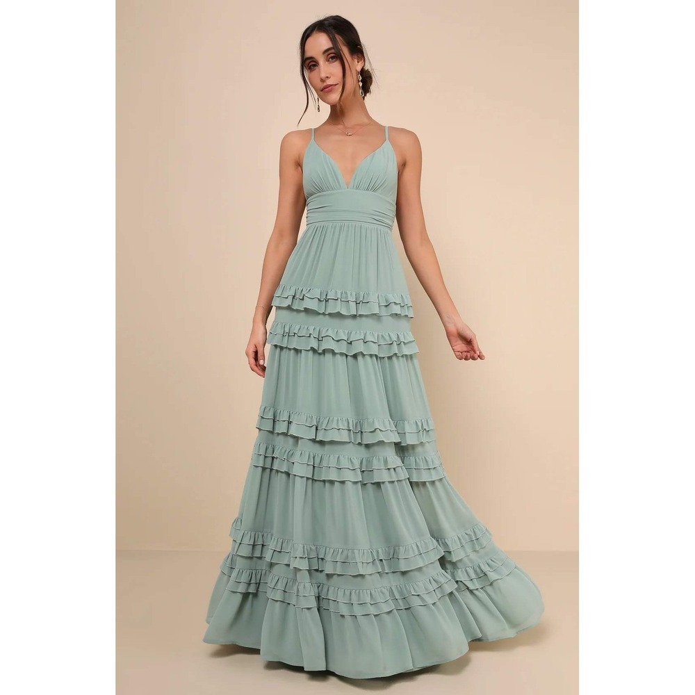 Lulus Lavish Perfection Sage Green Ruffled Tiered Maxi Dress Size XS